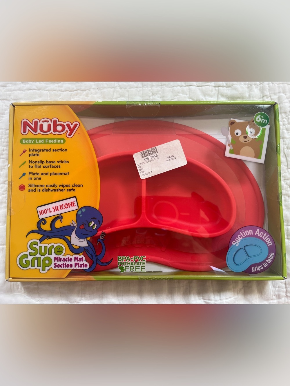 NWT Nuby Silicone Sectioned Feeding Plate Miracle Mat Suction Red Baby LED